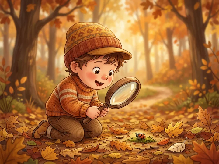 Ilustración de un niño buscando con una lupa entre las hojas de otoño