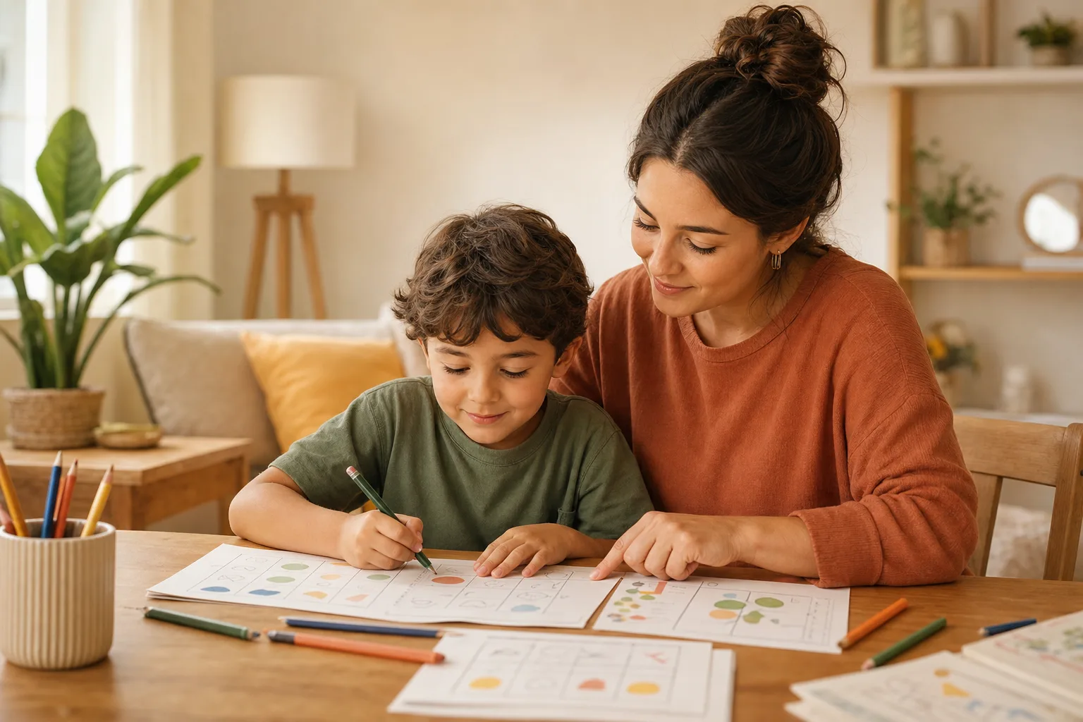 Madre e hijo haciendo juntos una actividad en casa