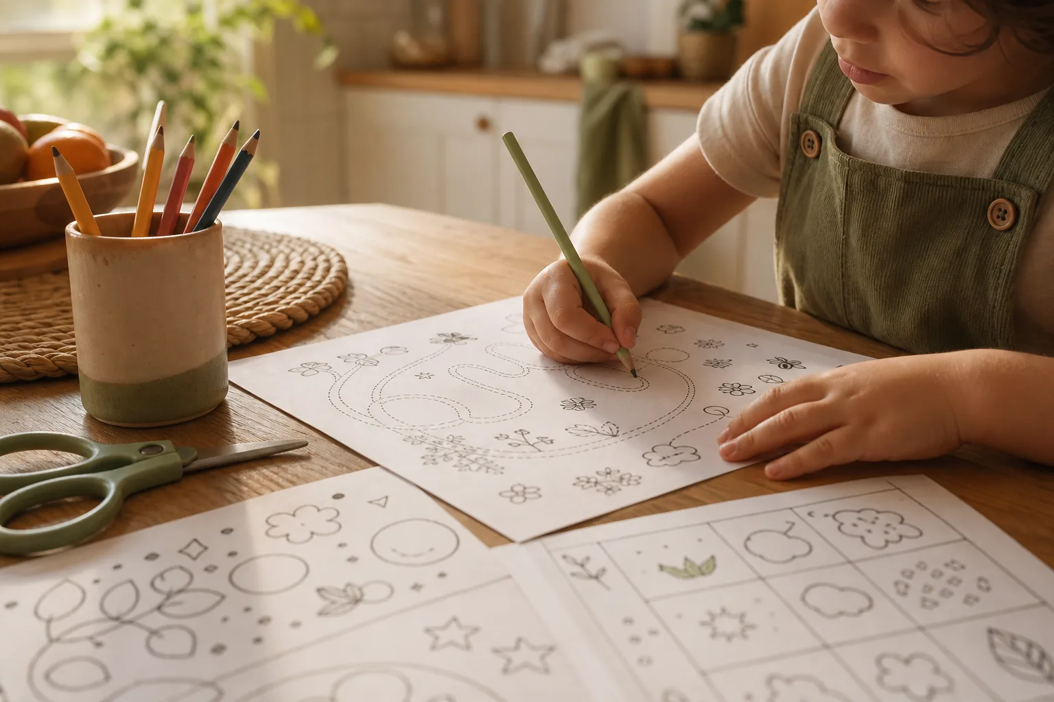 Un niño haciendo una ficha de actividades con lápices de colores
